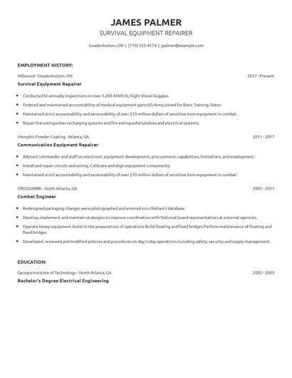 Survival Equipment Repairer Resume