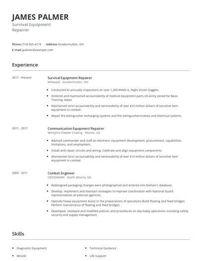 Survival Equipment Repairer Resume