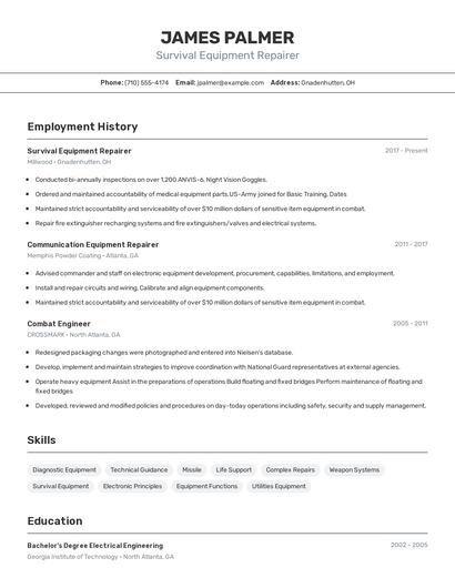 Survival Equipment Repairer Resume