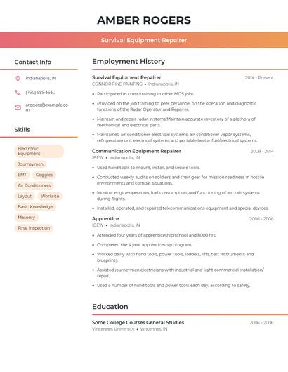 Survival Equipment Repairer Resume