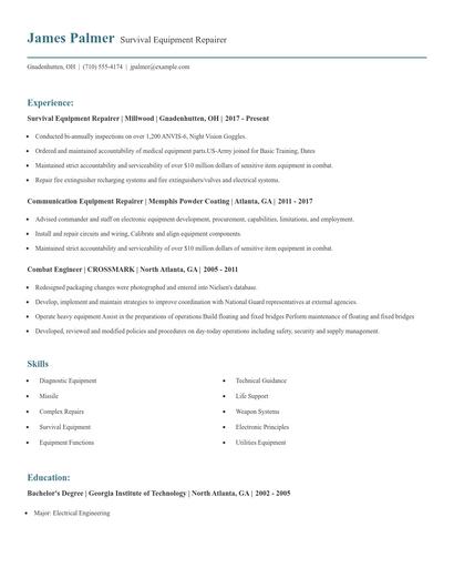 Survival Equipment Repairer Resume
