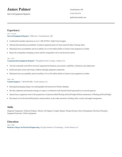 Survival Equipment Repairer Resume