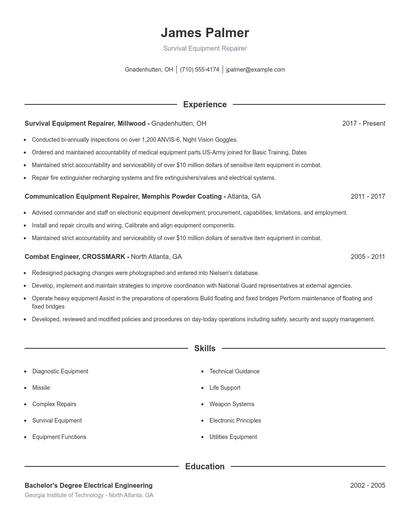 Survival Equipment Repairer Resume