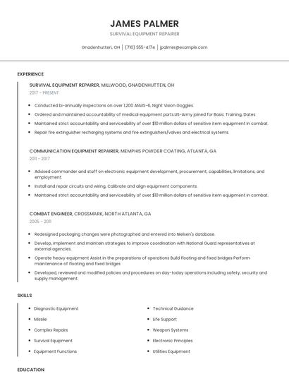 Survival Equipment Repairer Resume