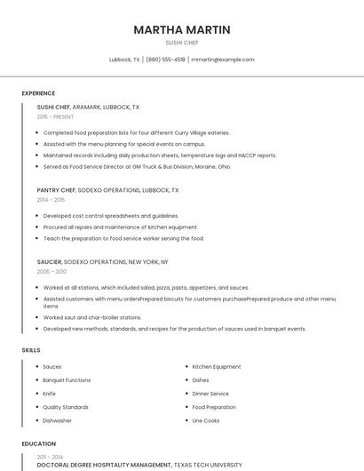 Sushi Chef Resume