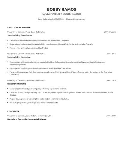 Sustainability Coordinator Resume