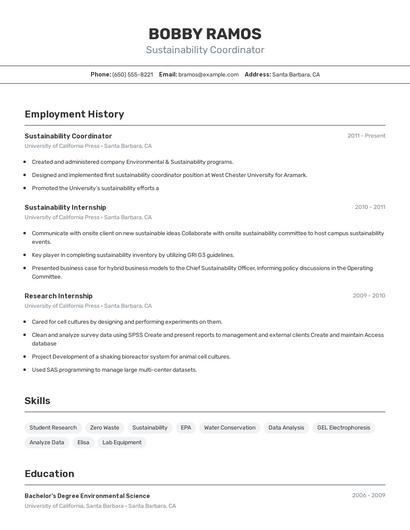 Sustainability Coordinator Resume