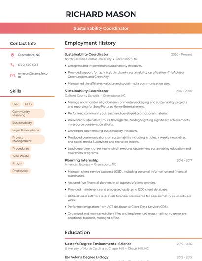 Sustainability Coordinator Resume