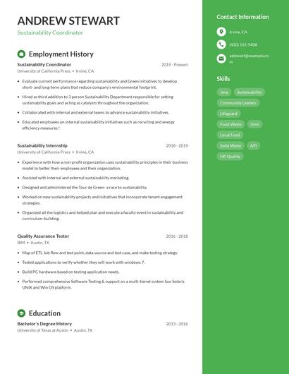 Sustainability Coordinator Resume