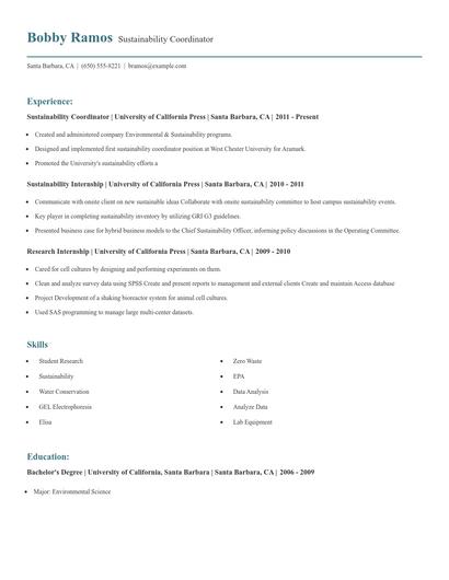 Sustainability Coordinator Resume