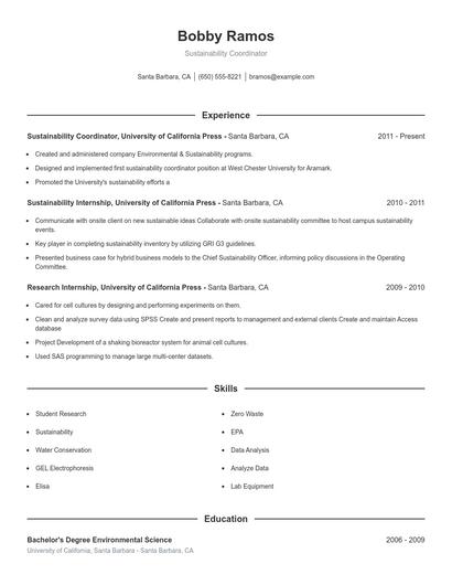 Sustainability Coordinator Resume