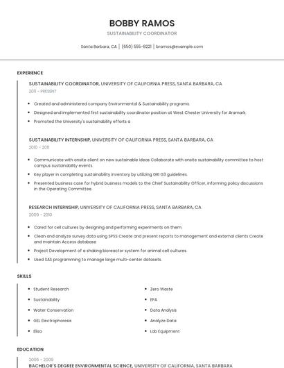 Sustainability Coordinator Resume