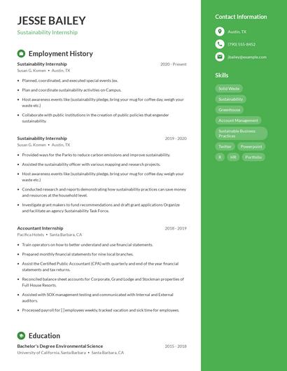 Sustainability Internship Resume