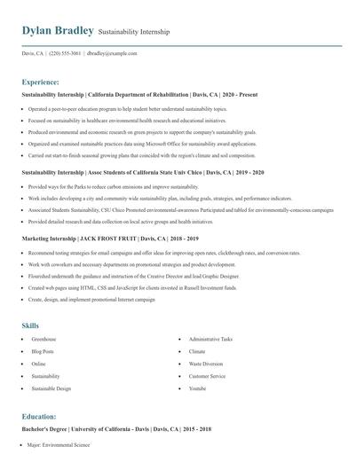Sustainability Internship Resume