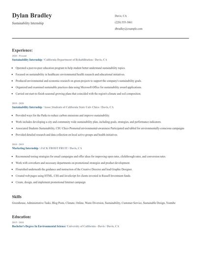 Sustainability Internship Resume