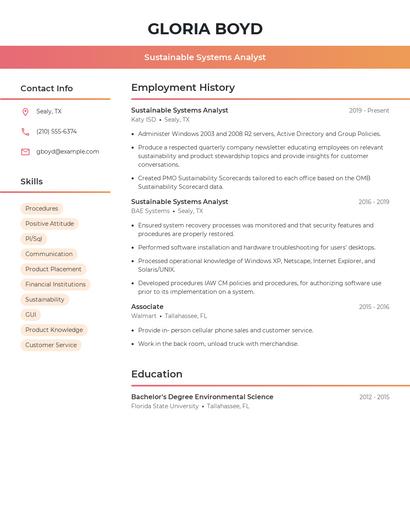 Sustainable Systems Analyst Resume