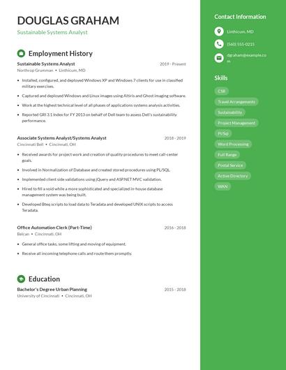 Sustainable Systems Analyst Resume