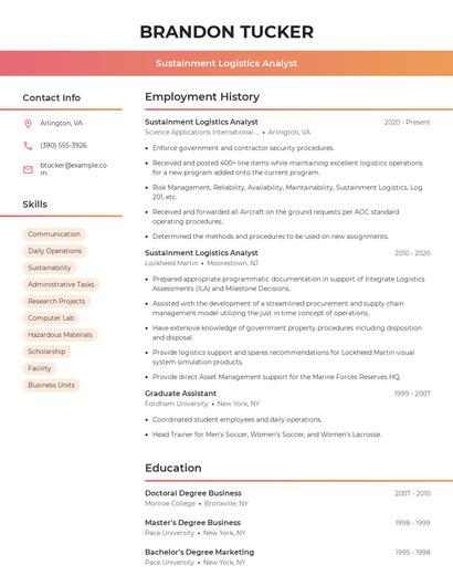 Sustainment Logistics Analyst Resume