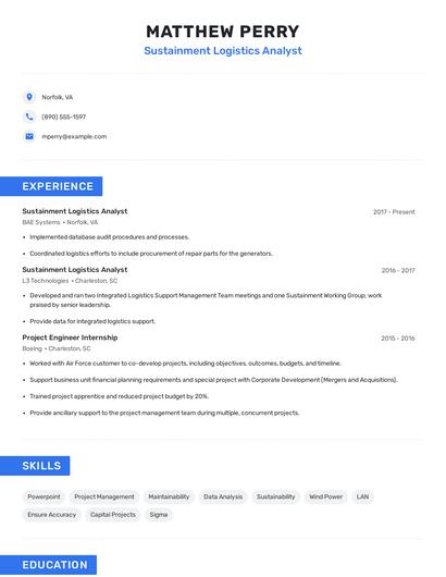 Sustainment Logistics Analyst Resume