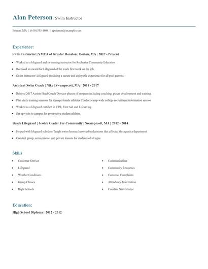 Swim Instructor Resume