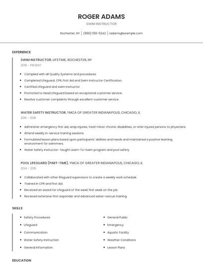 Swim Instructor Resume
