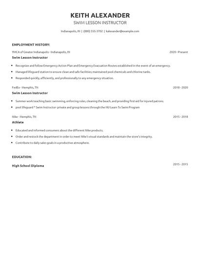 Swim Lesson Instructor Resume