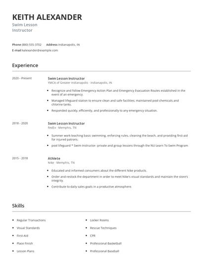 Swim Lesson Instructor Resume