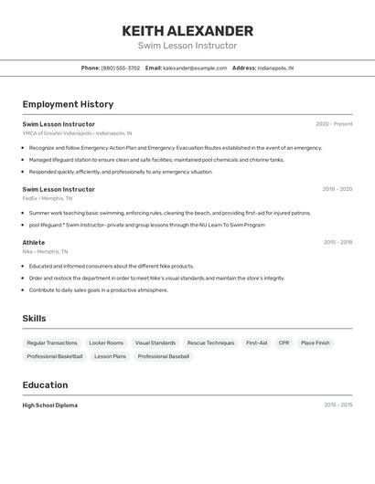 Swim Lesson Instructor Resume