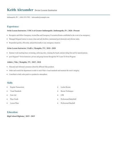 Swim Lesson Instructor Resume