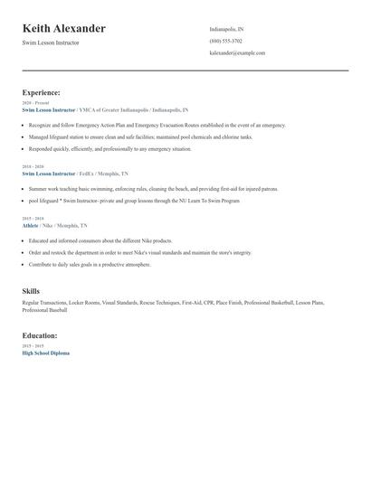 Swim Lesson Instructor Resume