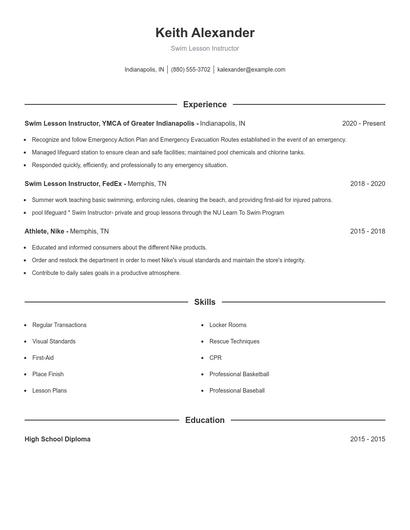 Swim Lesson Instructor Resume