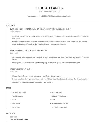 Swim Lesson Instructor Resume