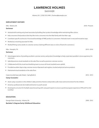 Swimmer Resume