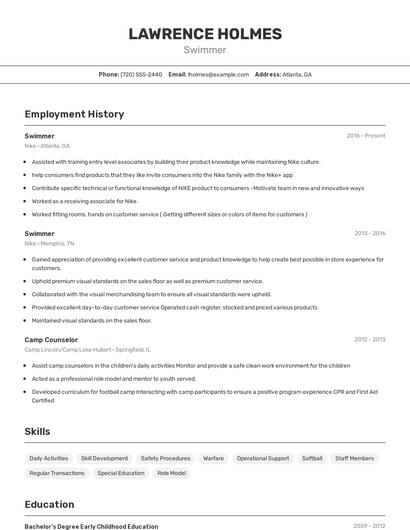 Swimmer Resume