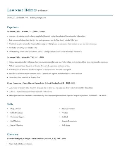 Swimmer Resume