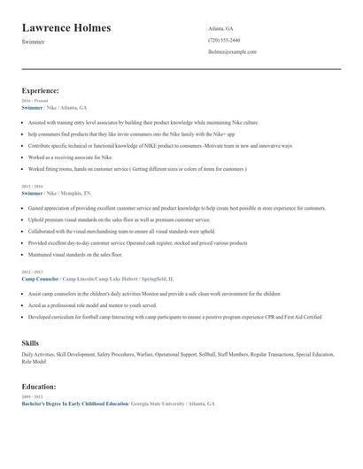 Swimmer Resume