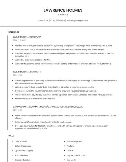 Swimmer Resume