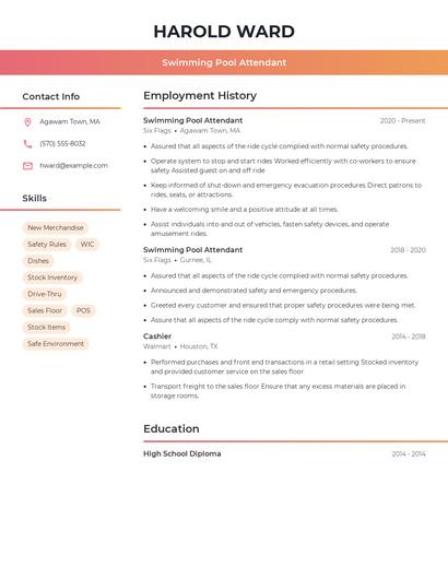 Swimming Pool Attendant Resume