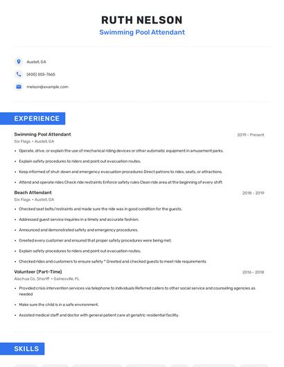 Swimming Pool Attendant Resume