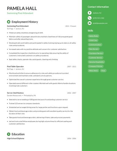 Swimming Pool Attendant Resume
