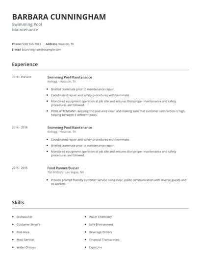 Swimming Pool Maintenance Resume