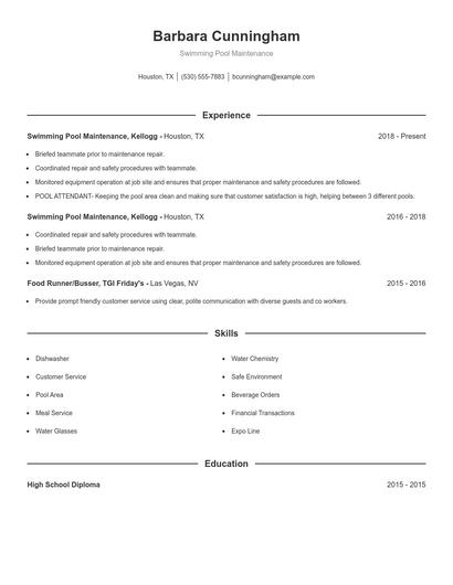 Swimming Pool Maintenance Resume