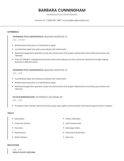 Swimming Pool Maintenance Resume