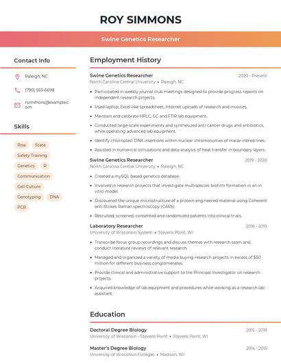 Swine Genetics Researcher Resume