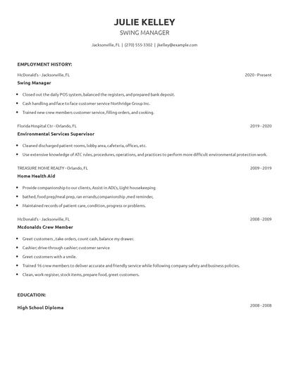 Swing Manager Resume