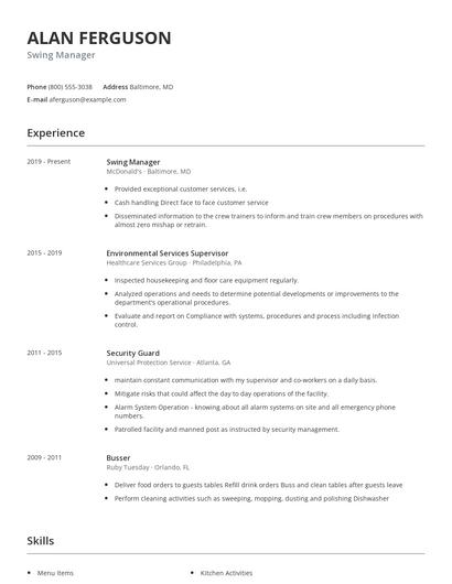 Swing Manager Resume