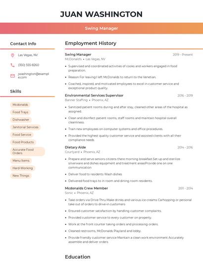 Swing Manager Resume