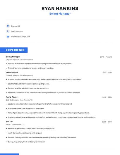 Swing Manager Resume