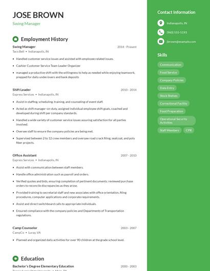 Swing Manager Resume