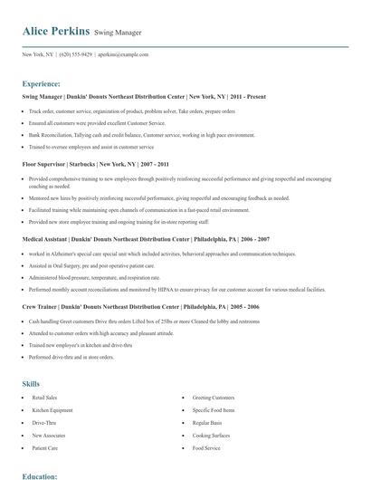 Swing Manager Resume